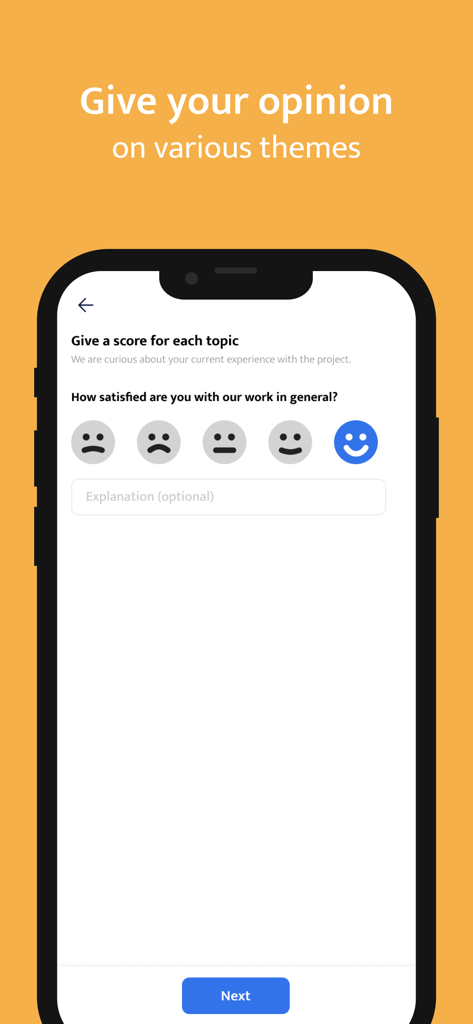 Interface de retour utilisateur de de BouwApp avec des notes de satisfaction emoji pour les projets de construction.