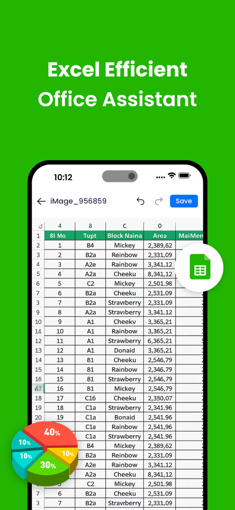 Universal File Reader - Universal File Reader app interface showing an Excel spreadsheet and a pie chart