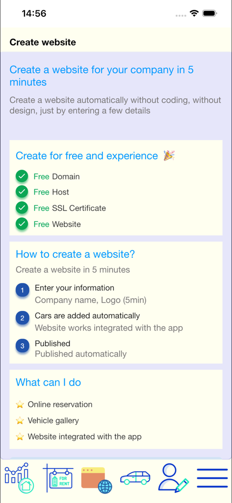 Panel de control para crear un sitio web de empresa de alquiler de coches con alojamiento gratuito y sincronización automática de vehículos