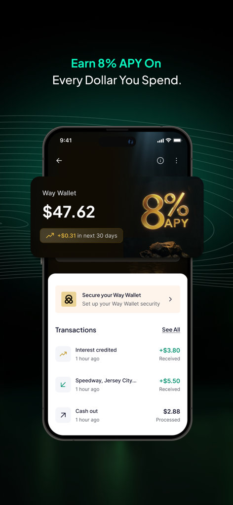 Way app mobile interface showing a digital wallet balance with an eight percent APY interest rate on car related spending