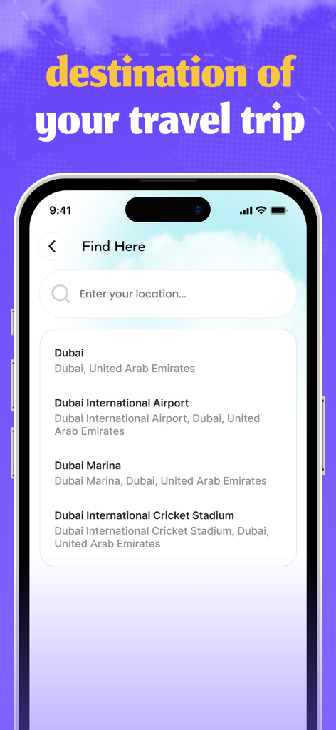 A mobile app screen for searching travel destinations featuring a list of locations in Dubai.