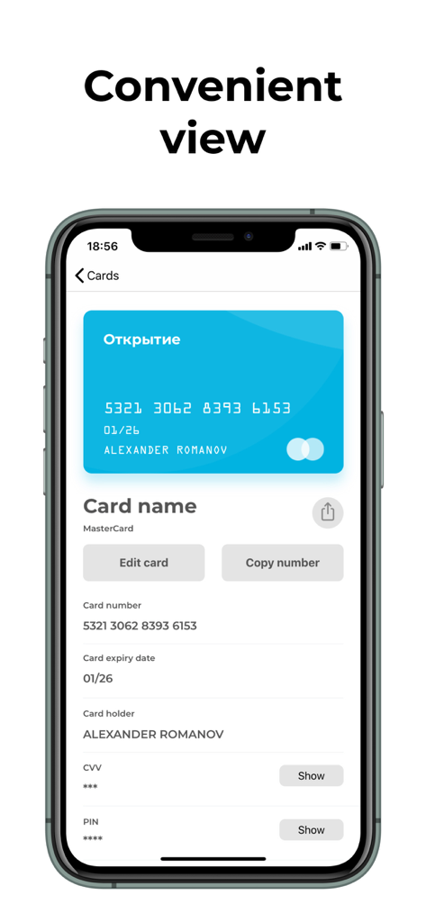Schermata di gestione sicura delle carte bancarie che mostra una vista dettagliata della carta di credito e campi dati crittografati