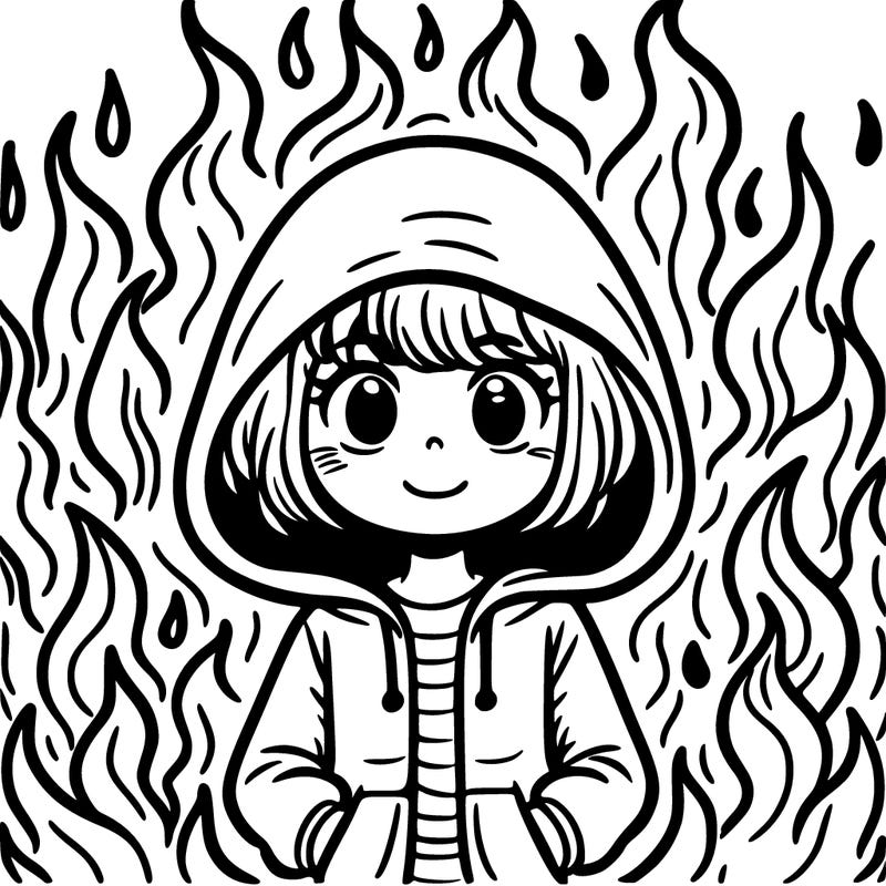 a girl with her hoodie up, surrounded by fire