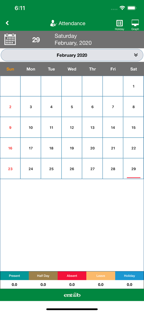 CampusCare - A screenshot of the CampusCare app attendance screen featuring a monthly calendar view and a color-coded status legend.