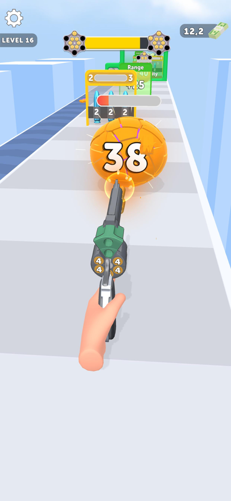 A first-person view of a revolver shooting at a yellow numbered obstacle in the Revolver Rush mobile game.