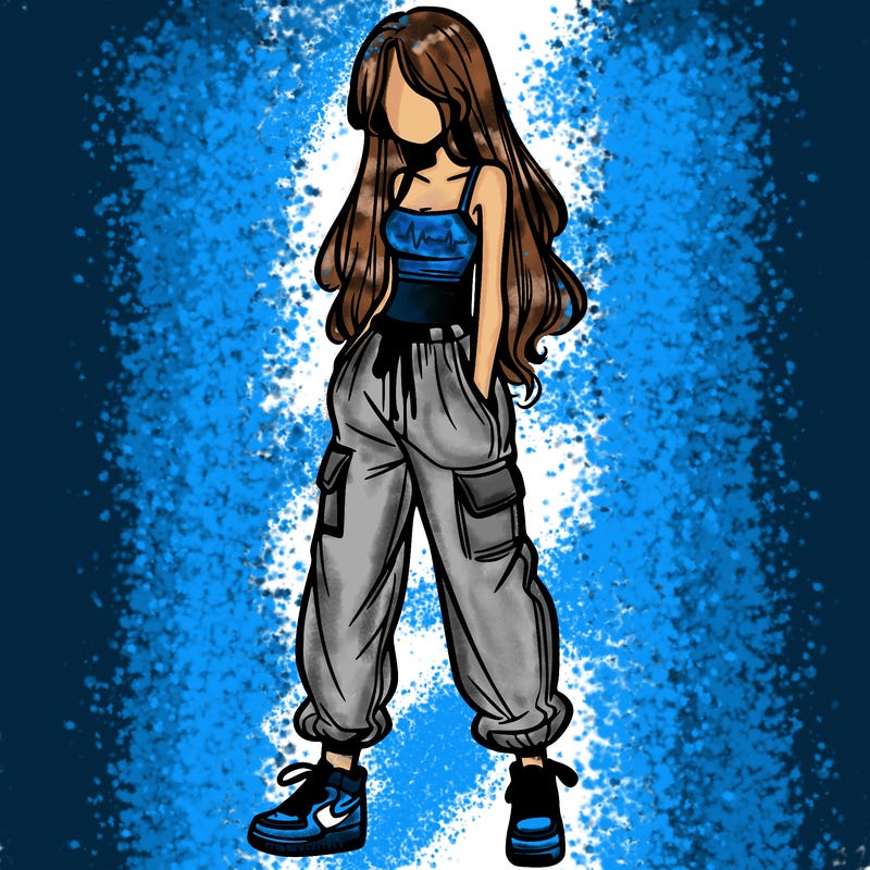 girl in baggy pants crop top and long hair