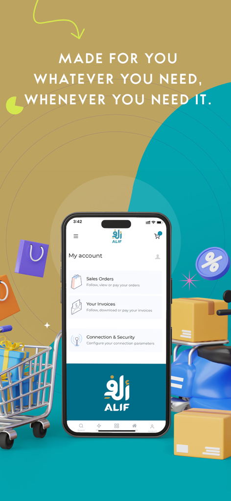 Alifstores - Interfaz del panel de cuenta de usuario de la aplicación móvil Alifstores mostrando opciones de seguimiento de pedidos y gestión de facturas.