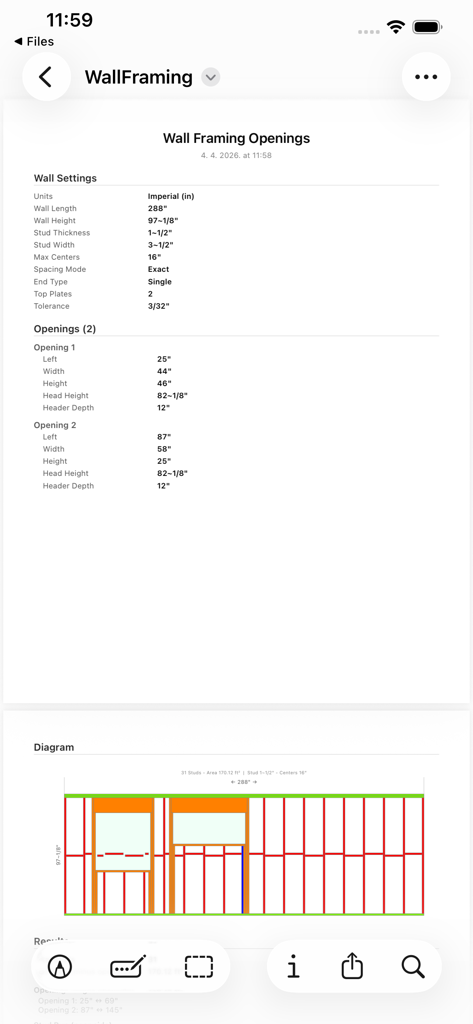 Stud Framing Layout Calculator - Detailed technical report and color-coded layout diagram from the Stud Framing Layout Calculator app