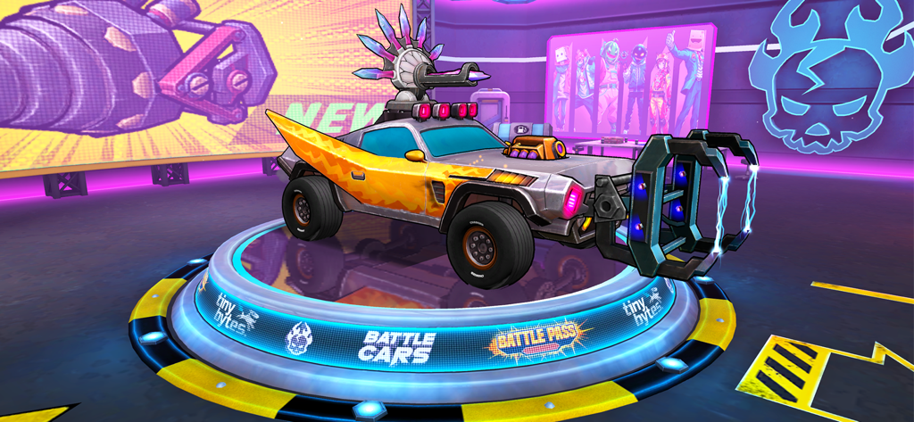 Battle Cars: Nitro PvP Shooter - A customized combat vehicle with a crystal turret and front claw in a neon cyberpunk garage.