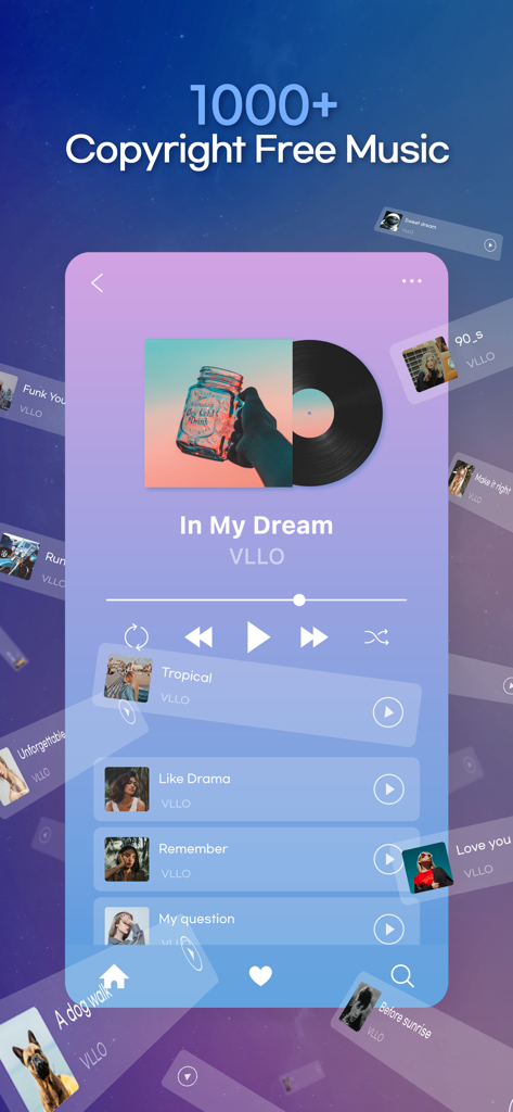 Interface móvel do aplicativo VLLO mostrando uma biblioteca de mais de mil faixas de música isentas de direitos autorais para edição de vídeo