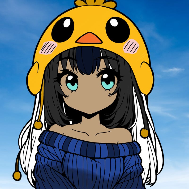 anime girl with chick shaped hat with sweater with bare shoulders with bangs covering them one eye with low tail