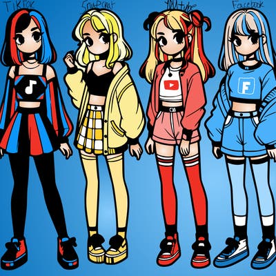 one girl with crop-top shirt and a jacket with a skirt, long socks and another girl with a shirt and pants with a jacket