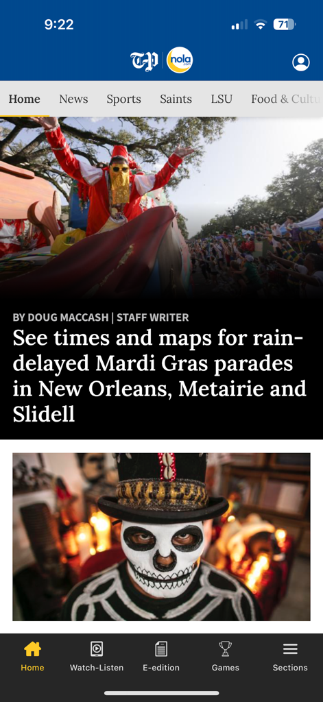 Die mobile NOLA.com-App-Startseite mit Nachrichten über die Mardi-Gras-Parade