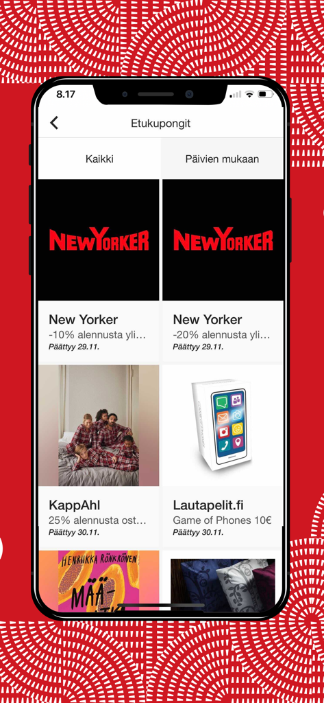 Interfaz de aplicación móvil que muestra cupones de descuento para varias tiendas minoristas.