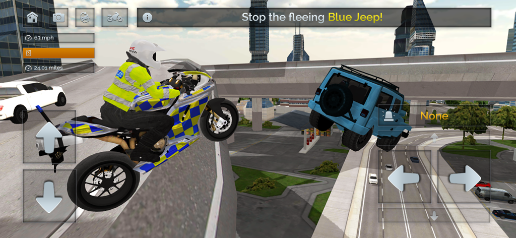 Police Motorbike Simulator 3D - Police officer on a motorbike jumping through the air while chasing a blue jeep in a 3D city simulator
