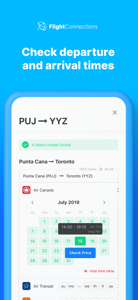 FlightConnections - FlightConnections app displaying departure and arrival times for flights from Punta Cana to Toronto