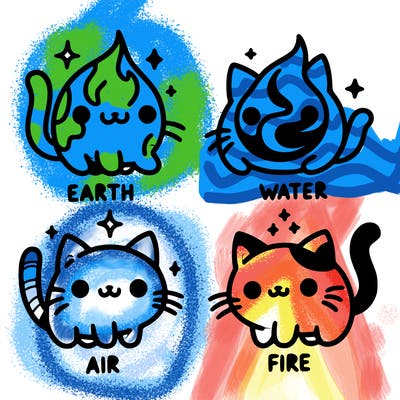 4 cats that represent the different elements, earth, water, air, and fire