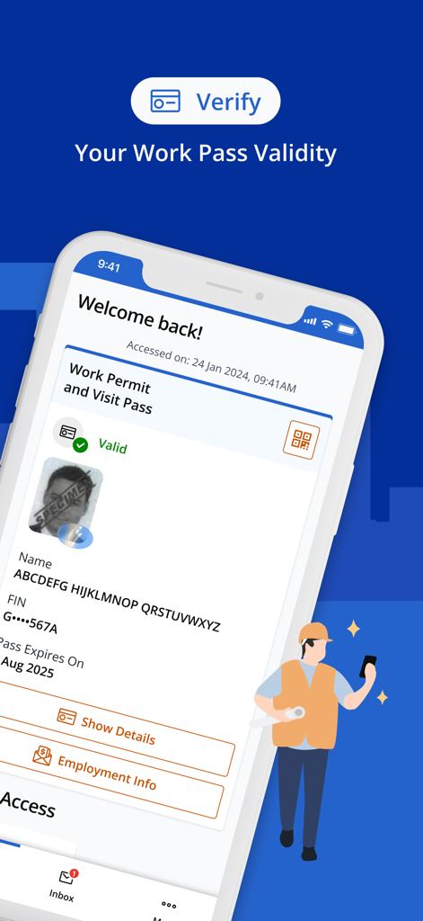 SGWorkPass-App-Oberfläche, die eine gültige digitale Arbeitserlaubnis und persönliche Beschäftigungsdetails anzeigt.