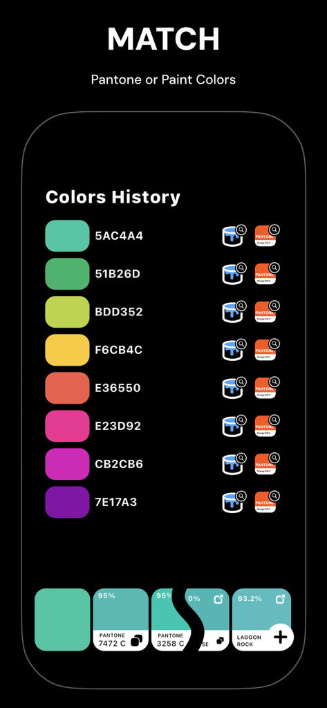 Hex Color Picker: Color code - A list of colors with hex codes being matched to Pantone and paint swatches in the Hex Color Picker app.