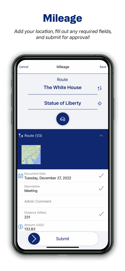 A smartphone screen displaying the mileage tracking feature in the Continia Expense App showing a route from The White House to the Statue of Liberty