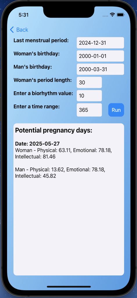 Pantalla de la aplicación Bio-PC que muestra cálculos de planificación de embarazos basados en biorritmos y ciclos menstruales.