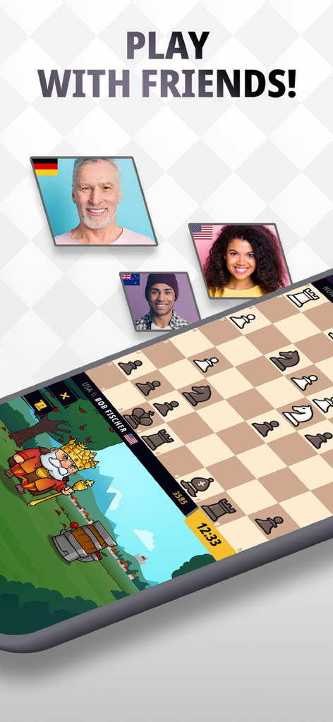 A mobile screenshot showing a gamified chess match with the text Play with Friends and avatars of players from different countries.