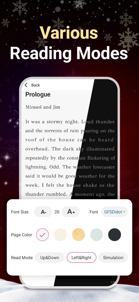 Interface for customizing reading modes font size and page color in the NovelFlow app