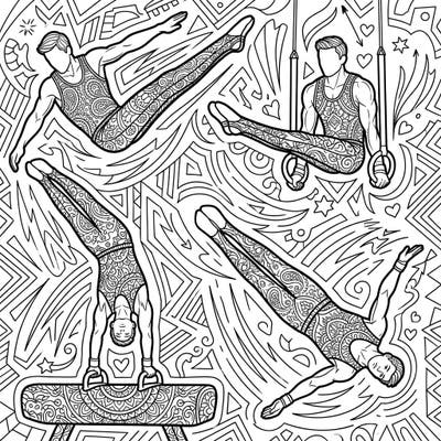 Celebrate the incredible strength and agility of male gymnasts with this detailed coloring page. Each figure, depicted mid-performance, offers intricate patterns and an energetic background for a truly engaging artistic challenge.