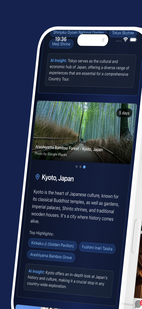 Travel AI - Perfect Journey - Mobile app screen showing a detailed AI-generated travel itinerary for Kyoto Japan including top attractions and local insights.