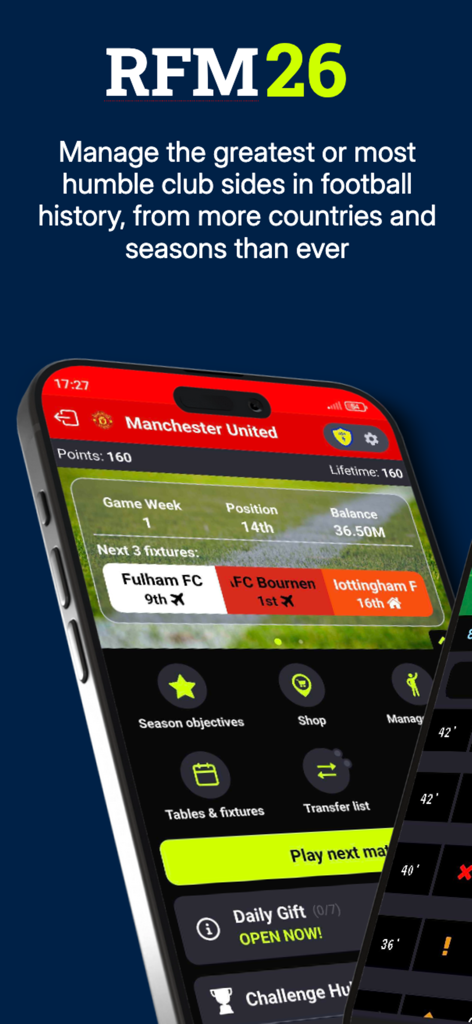 RFM26 Football Manager - RFM26 Football Manager mobile app interface showing Manchester United club management and fixtures