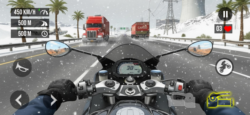 GT Bike Racing Moto Bike Games - First person view of a motorcycle racing through a snowy highway dodging trucks