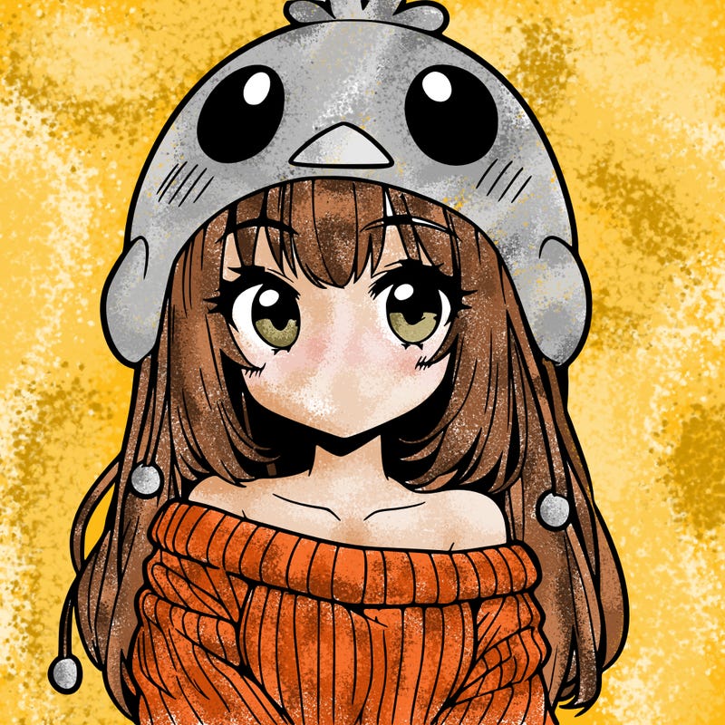 anime girl with chick shaped hat with sweater with bare shoulders with bangs covering them one eye with low tail