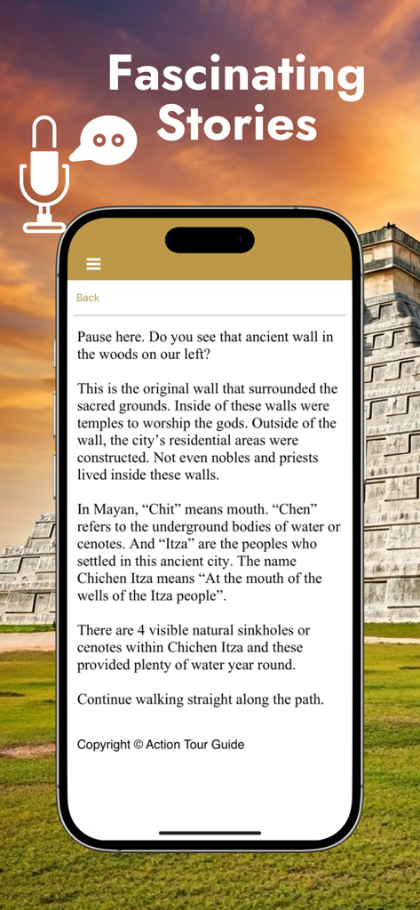 Chichen Itza: GPS Audio Guide - Smartphone screen displaying historical stories about Chichen Itza ruins with a Mayan pyramid background