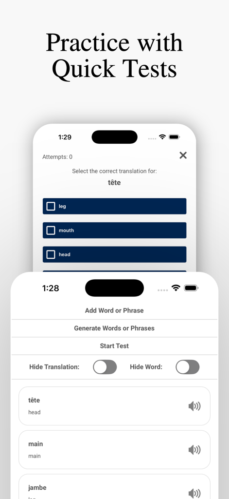 Learn French with AI: ParlezAI - Screenshot of ParlezAI app showing a quick vocabulary test to translate French words like tete and main