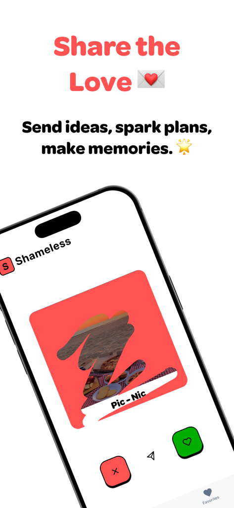 Shamelesss - デートのアイデアを共有およびスクラッチオフするためのカップルアプリのインターフェース