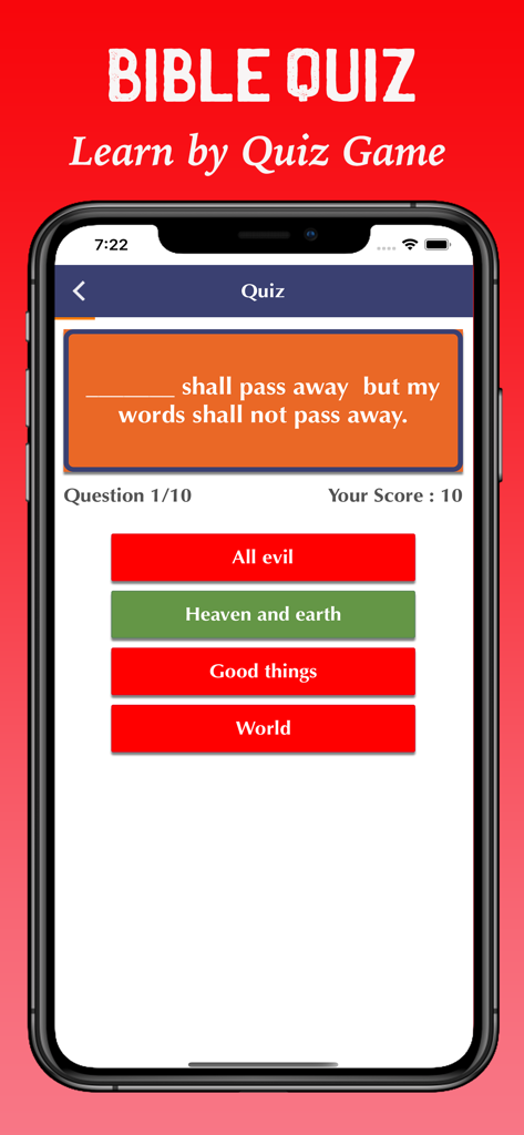 Catholic Holy Bible with Audio - Interface of the Bible Quiz feature within the Catholic Holy Bible with Audio app showing a scripture question