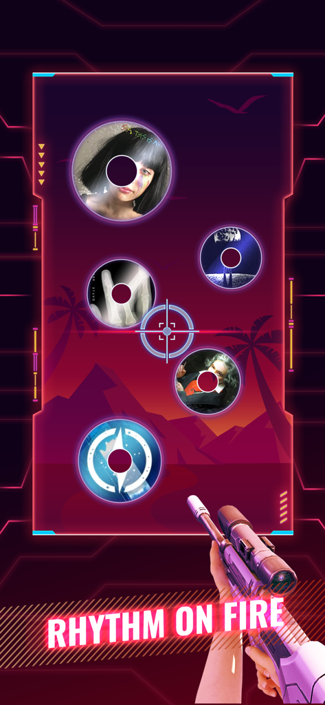 Captura de pantalla del juego móvil Rhythm Fire que muestra disparos en primera persona a objetivos musicales en un entorno de neón