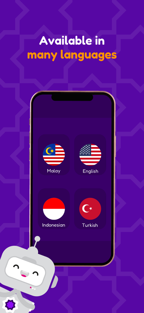 Think Quran - Mobile screen of the Think Quran app showing language options for English, Malay, Indonesian, and Turkish.