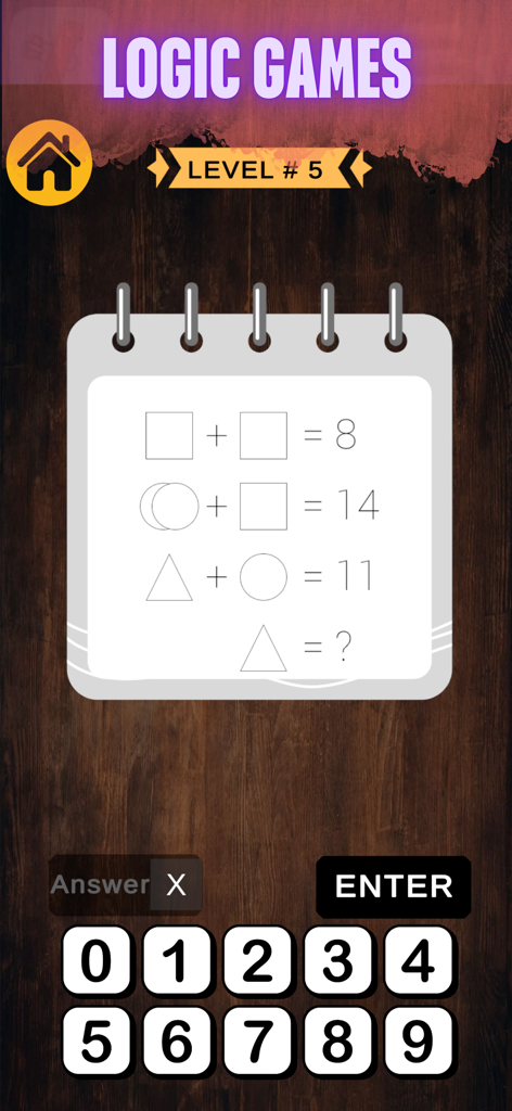 ThumbGames - 100 Arcade Games - Logic math puzzle screen with shape equations and a number keypad