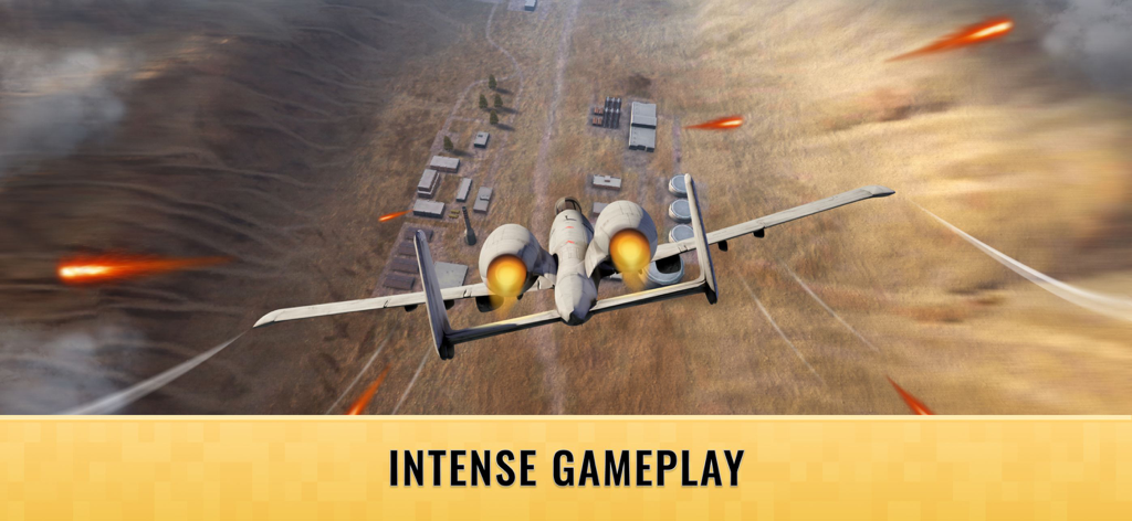 격렬한 전투 게임 플레이 중 사막 기지 위를 비행하는 A-10 워트호그 전투기.