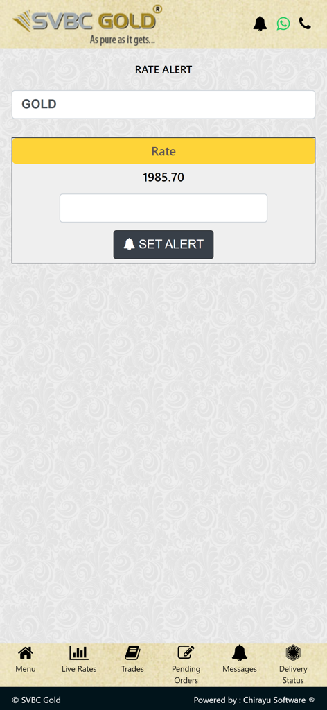 SVBC GOLD - SVBC Gold app rate alert interface for setting gold price notifications