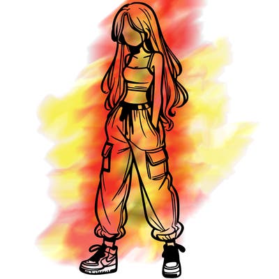 girl in baggy pants crop top and long hair