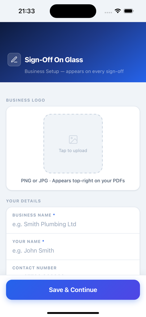 Écran de configuration de l'entreprise pour saisir le logo et les coordonnées de l'entreprise.