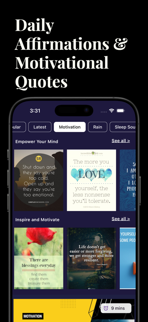 Rain Sleep Sounds & Meditation - Mobile app screen showing daily affirmations and motivational quotes for self-improvement