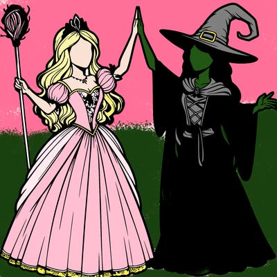 detailed realistic split of a princess and a witch