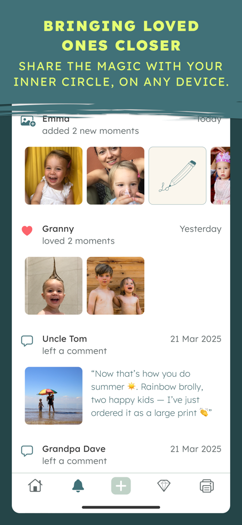 BackThen Family & Baby Photos - A private family photo feed showing comments and interactions from grandparents and relatives within the app.