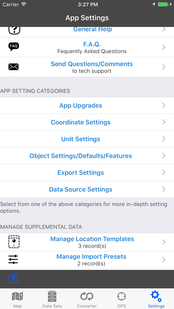 GPS & Map Toolbox - The settings menu for the GPS and Map Toolbox app displaying configuration categories like coordinate and unit settings.