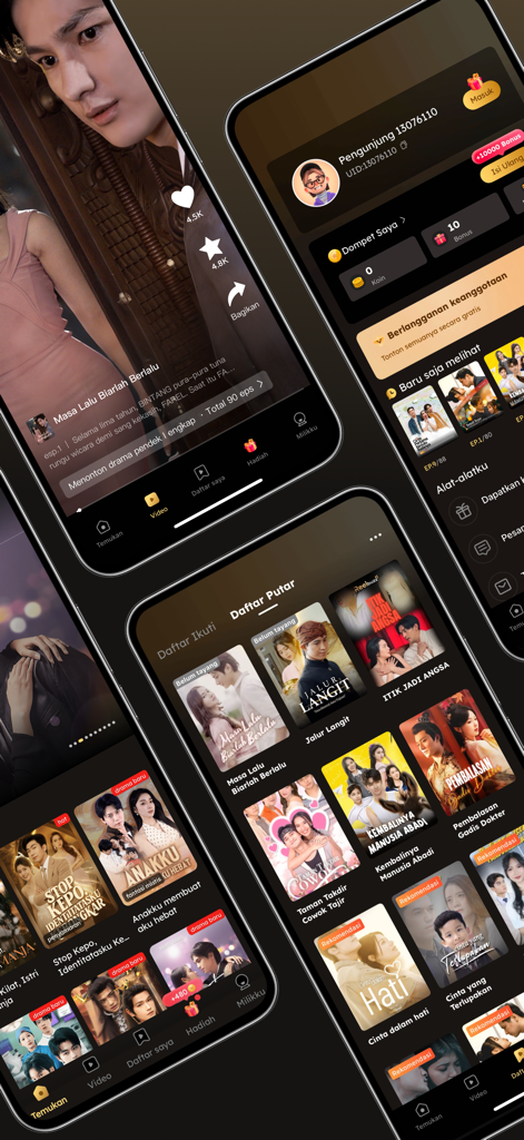 Multiple mobile screens of the Reelbuzz app showing short drama videos, a movie library, and user profile.