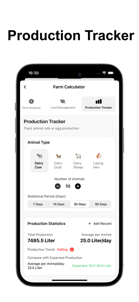Livestock Manager-Farm Records - Production Tracker interface of the Livestock Manager app displaying milk production statistics for dairy cows.