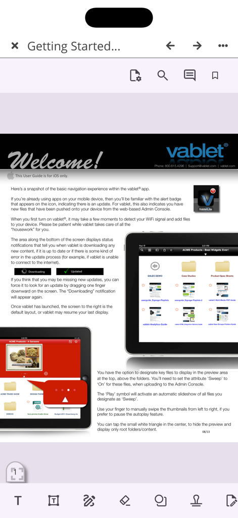 vablet - User guide for the vablet iOS app showing navigation and content management on an iPad.